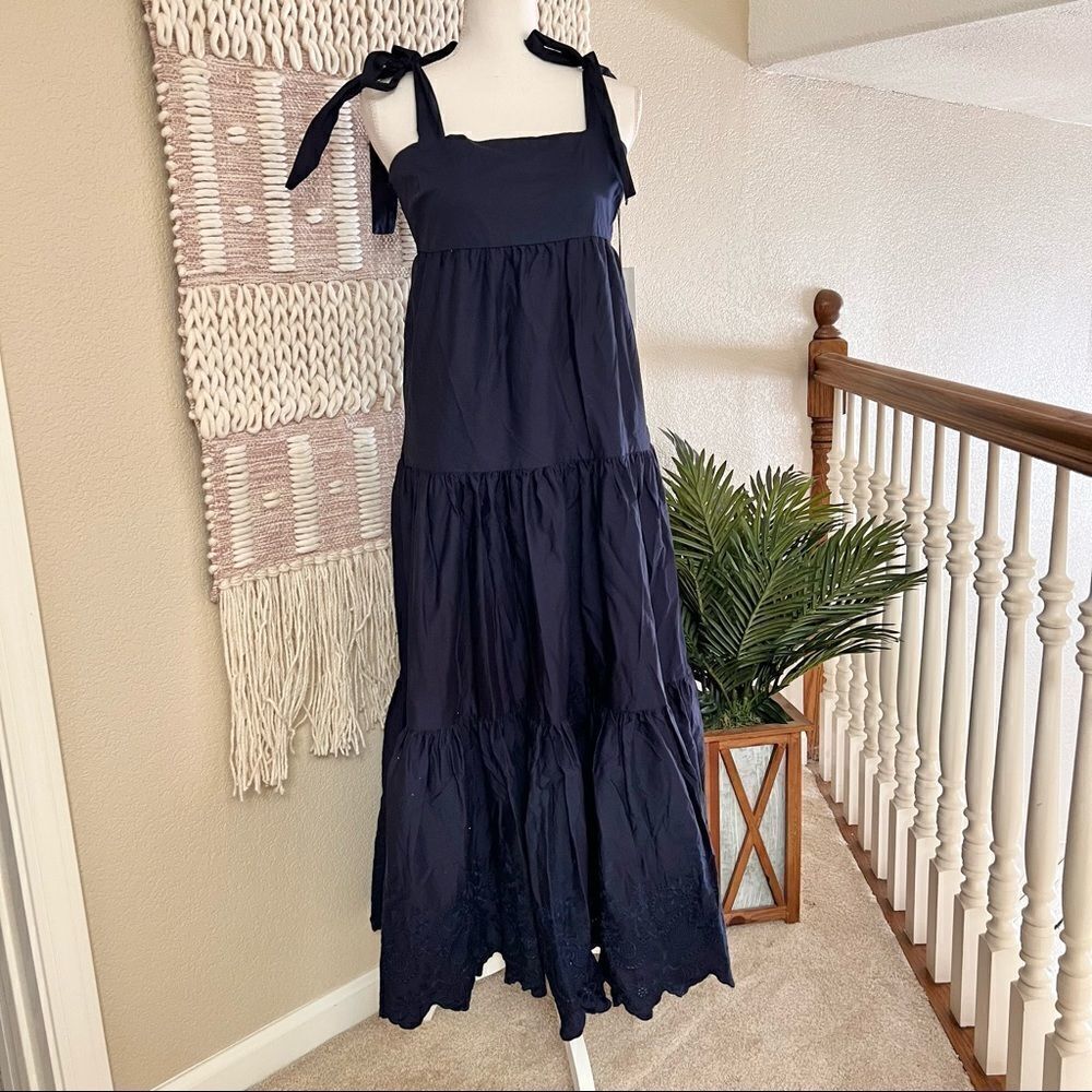 Jason Wu Dress Cotton Tiered Embroidered Scallop Hem Midi Navy Medium MSRP $248